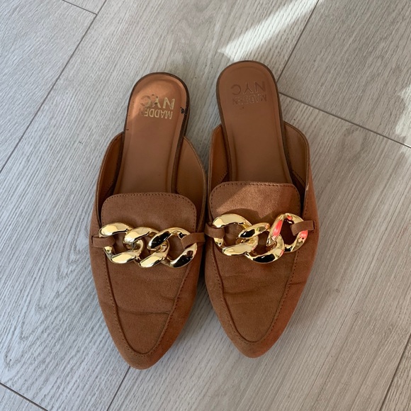 MADDEN NYC Mules Brown Gold Chain Summer Shoes Camel Sz 8 - Picture 2 of 5